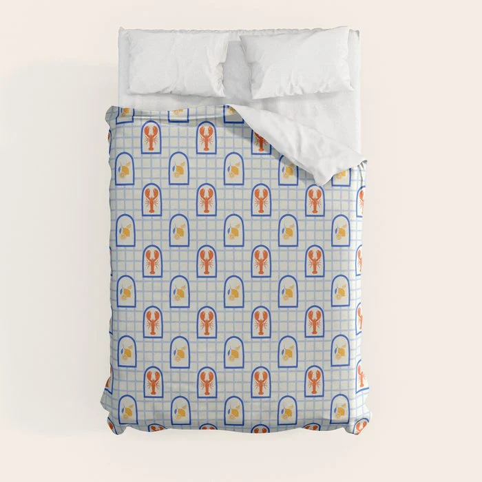 Mediterranean lobster sea food art pattern Duvet Cover