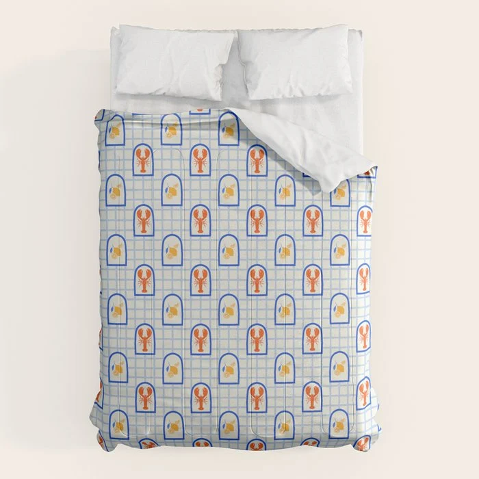 Mediterranean lobster sea food art pattern Comforter
