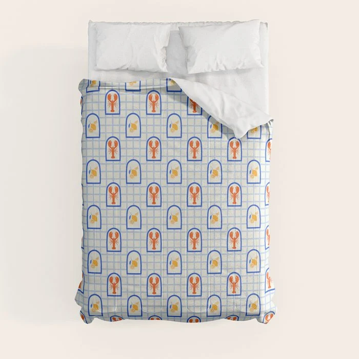 Mediterranean lobster sea food art pattern Comforter