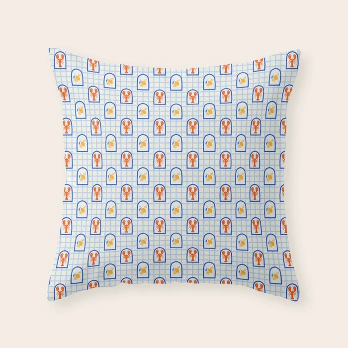 Mediterranean lobster sea food art pattern Throw Pillow