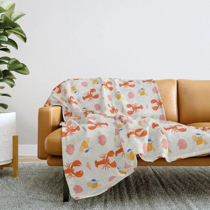 Mediterranean lobster sea food art pattern Throw Blanket
