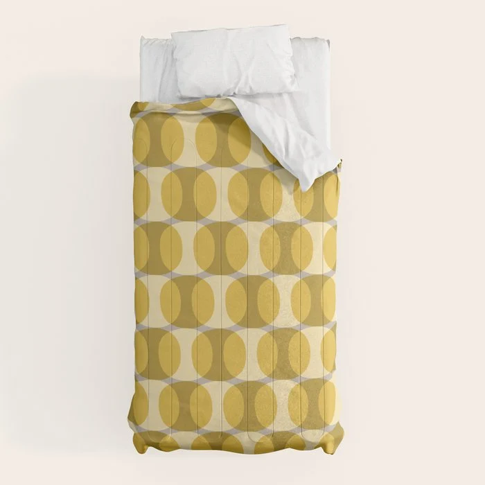 Mid Century Modern Abstract Geometric Spheramod Dot Pattern in Mustard and Gray Comforter