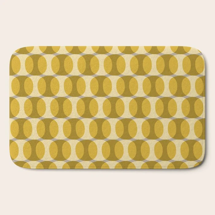 Mid Century Modern Abstract Geometric Spheramod Dot Pattern in Mustard and Gray Bath Mat