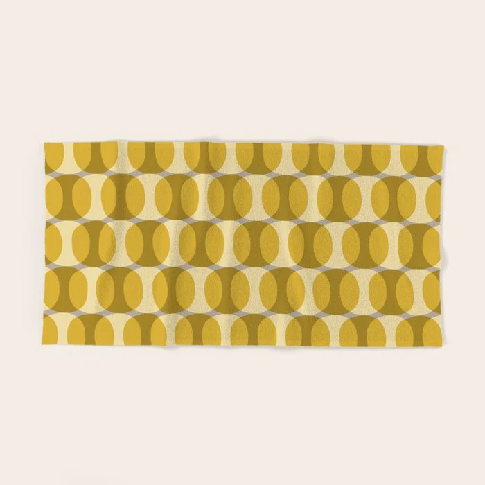 Mid Century Modern Abstract Geometric Spheramod Dot Pattern in Mustard and Gray Bath Towel