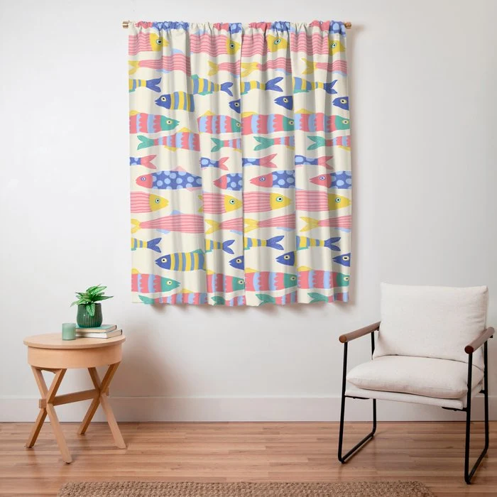 SEA LA VIE - Coastal Pun Fish Art with dots and stripes Window Curtain