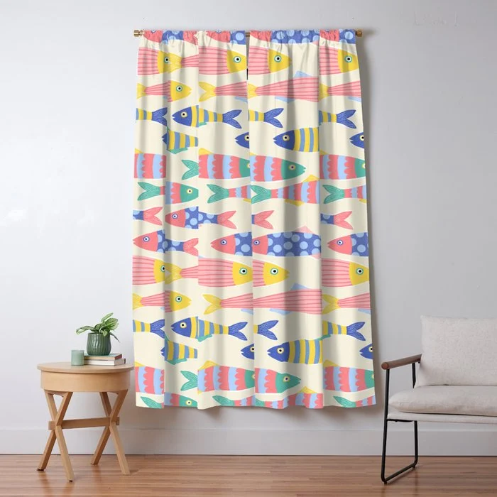 SEA LA VIE - Coastal Pun Fish Art with dots and stripes Window Curtain