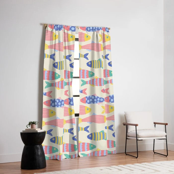 SEA LA VIE - Coastal Pun Fish Art with dots and stripes Window Curtain