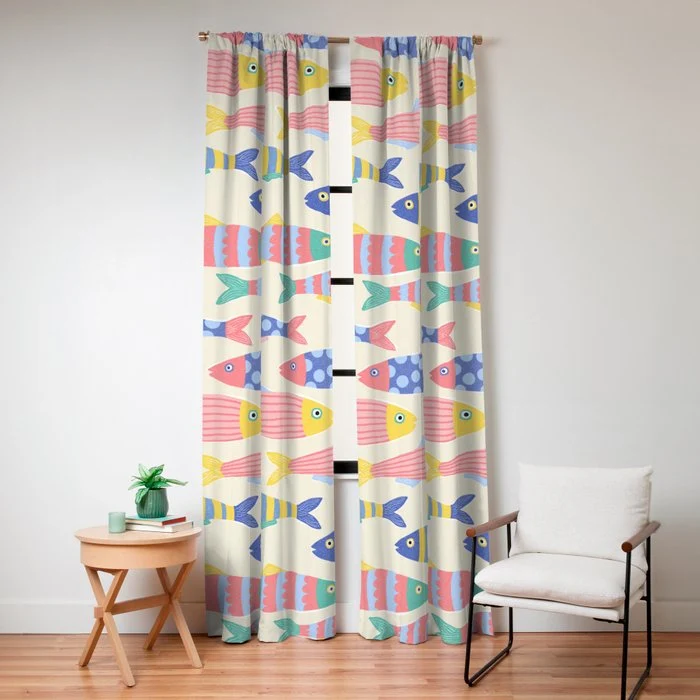 SEA LA VIE - Coastal Pun Fish Art with dots and stripes Window Curtain