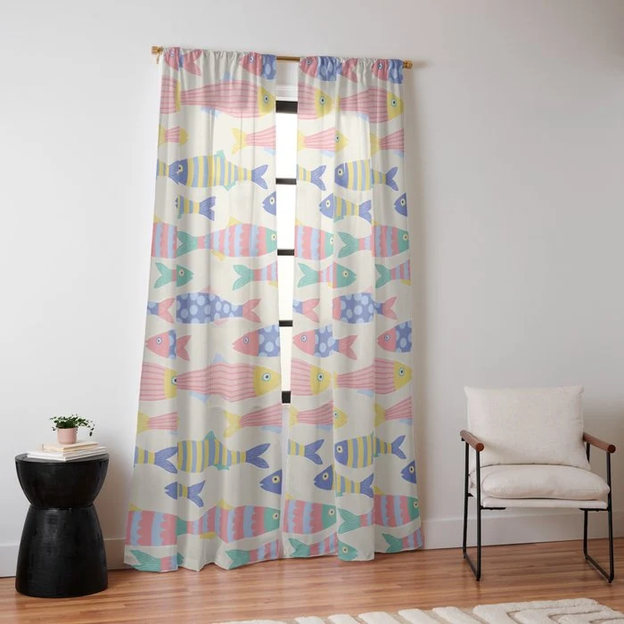 SEA LA VIE - Coastal Pun Fish Art with dots and stripes Window Curtain