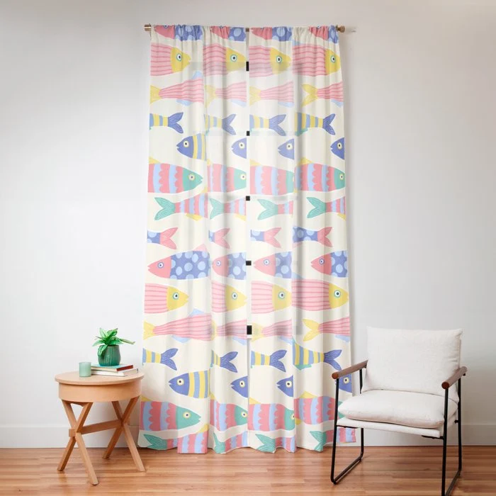 SEA LA VIE - Coastal Pun Fish Art with dots and stripes Window Curtain