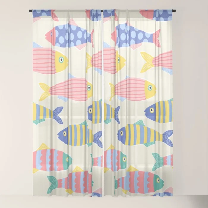SEA LA VIE - Coastal Pun Fish Art with dots and stripes Window Curtain