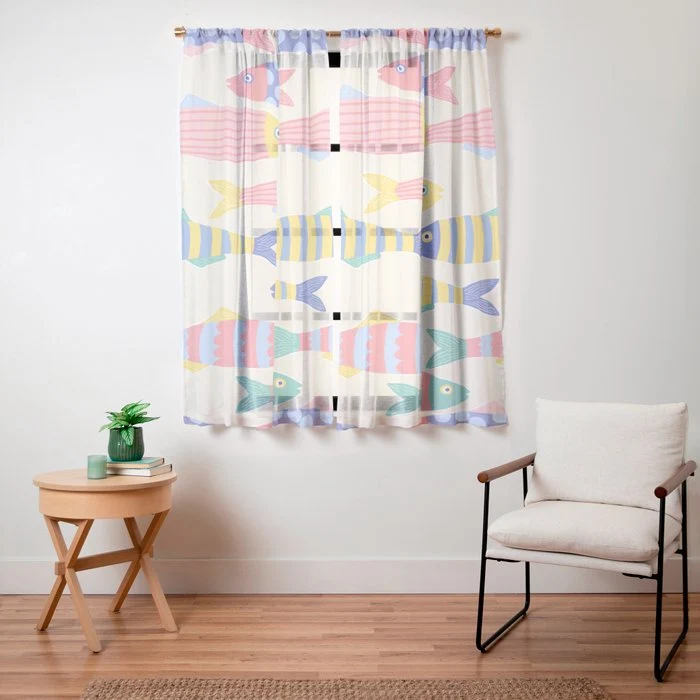 SEA LA VIE - Coastal Pun Fish Art with dots and stripes Window Curtain