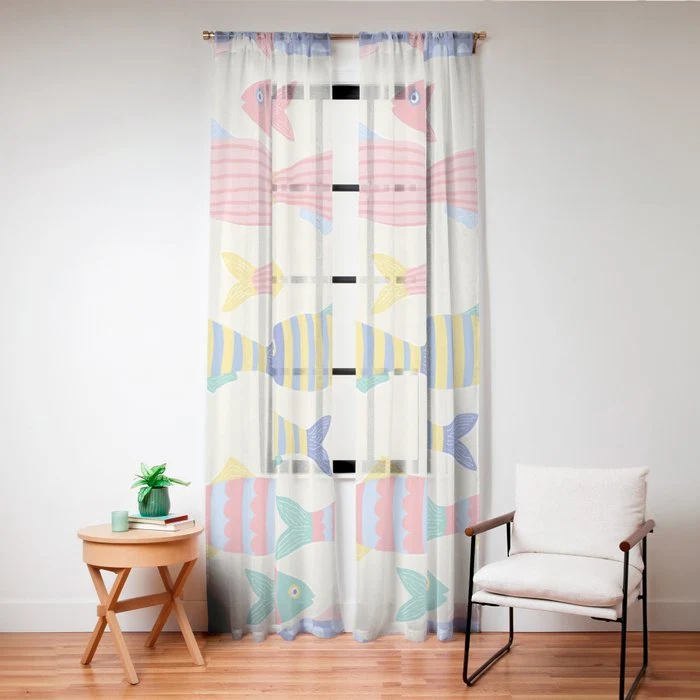 SEA LA VIE - Coastal Pun Fish Art with dots and stripes Window Curtain