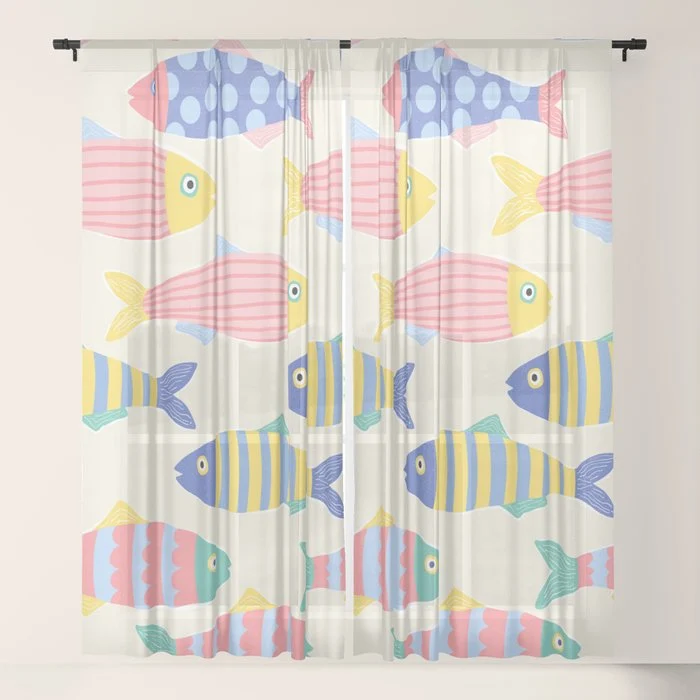 SEA LA VIE - Coastal Pun Fish Art with dots and stripes Window Curtain