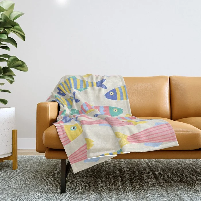 SEA LA VIE - Coastal Pun Fish Art with dots and stripes Throw Blanket