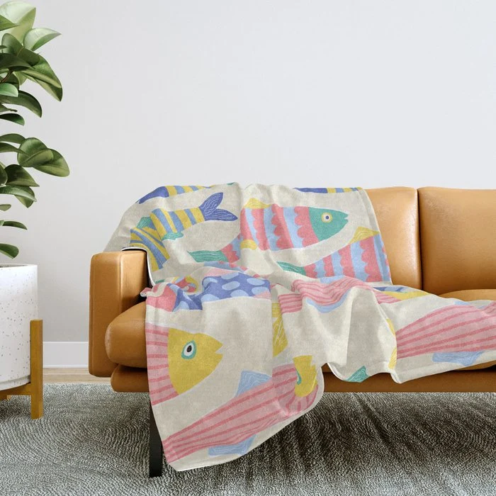 SEA LA VIE - Coastal Pun Fish Art with dots and stripes Throw Blanket