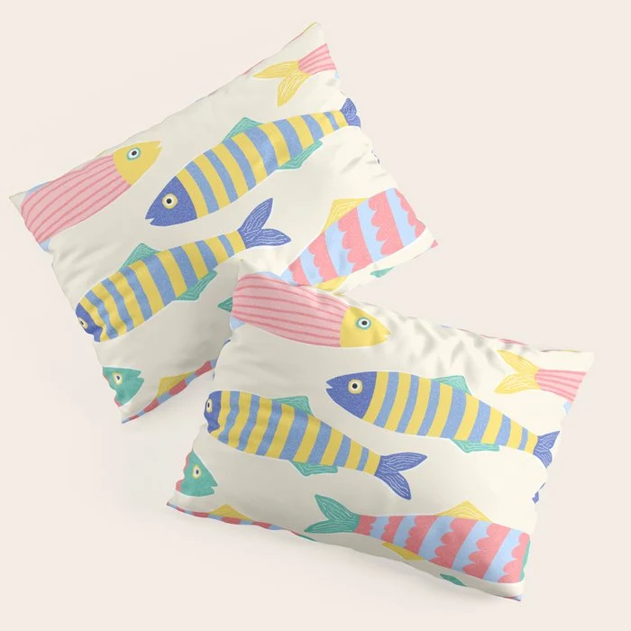 SEA LA VIE - Coastal Pun Fish Art with dots and stripes Pillow Sham