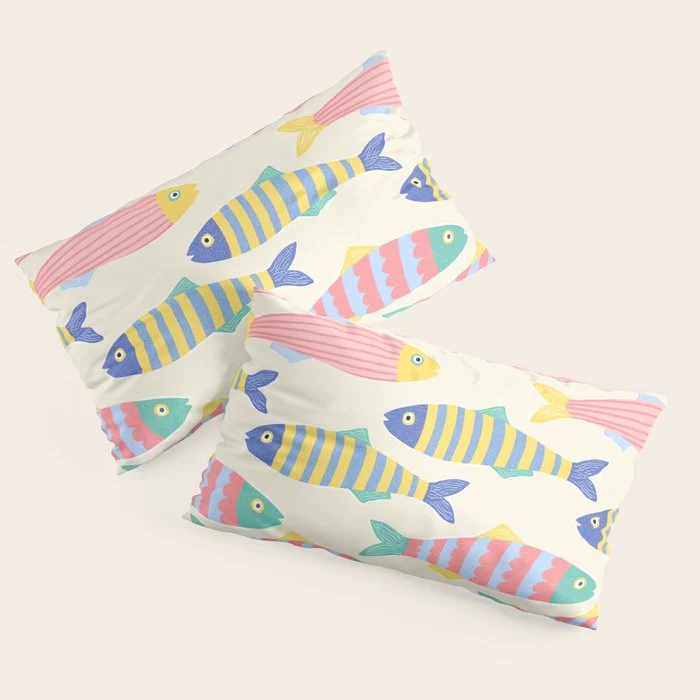 SEA LA VIE - Coastal Pun Fish Art with dots and stripes Pillow Sham
