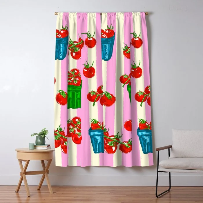 Cherry Tomatoes Euro Summer Aesthetic Stripes Illustration Window Curtain