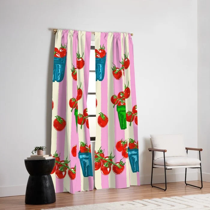 Cherry Tomatoes Euro Summer Aesthetic Stripes Illustration Window Curtain