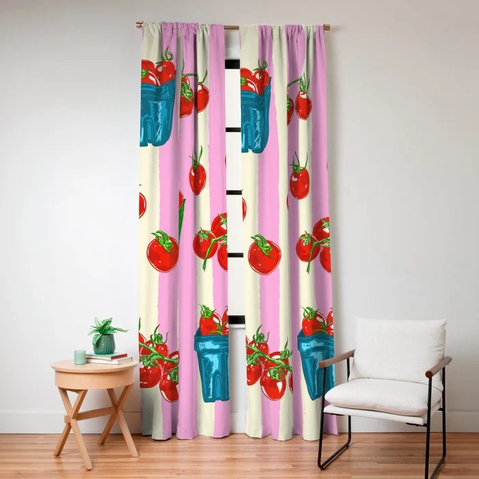 Cherry Tomatoes Euro Summer Aesthetic Stripes Illustration Window Curtain