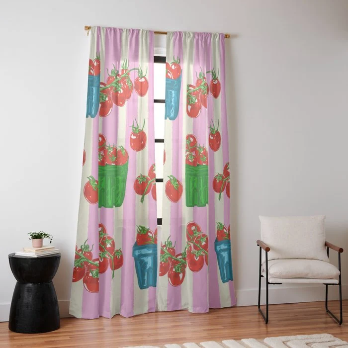 Cherry Tomatoes Euro Summer Aesthetic Stripes Illustration Window Curtain
