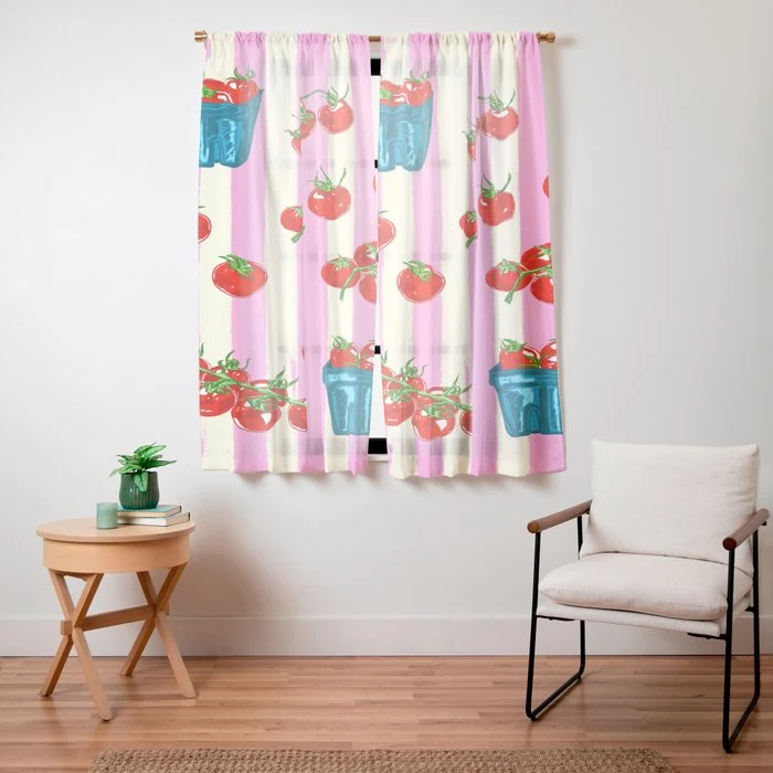 Cherry Tomatoes Euro Summer Aesthetic Stripes Illustration Window Curtain
