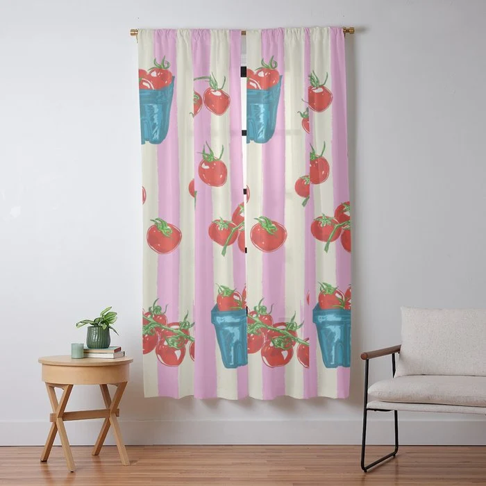 Cherry Tomatoes Euro Summer Aesthetic Stripes Illustration Window Curtain