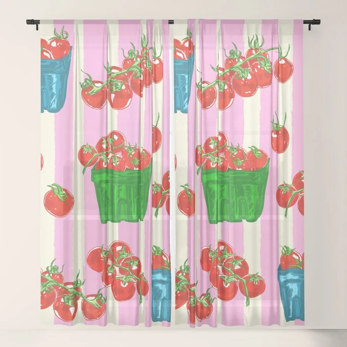 Cherry Tomatoes Euro Summer Aesthetic Stripes Illustration Window Curtain