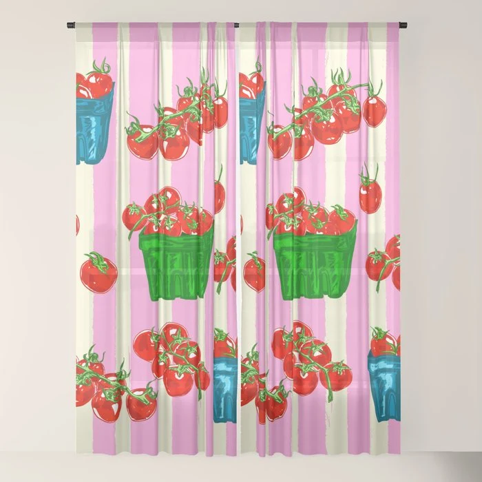 Cherry Tomatoes Euro Summer Aesthetic Stripes Illustration Window Curtain