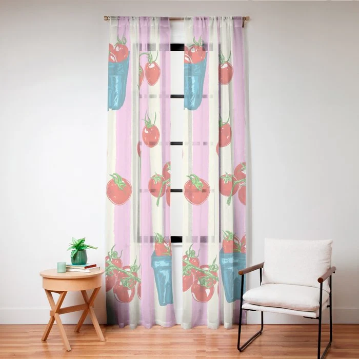 Cherry Tomatoes Euro Summer Aesthetic Stripes Illustration Window Curtain