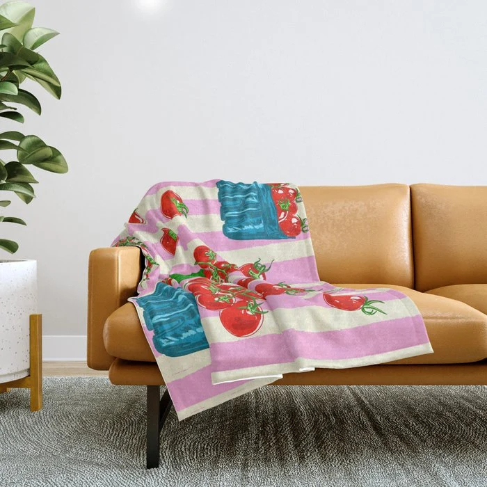 Cherry Tomatoes Euro Summer Aesthetic Stripes Illustration Throw Blanket