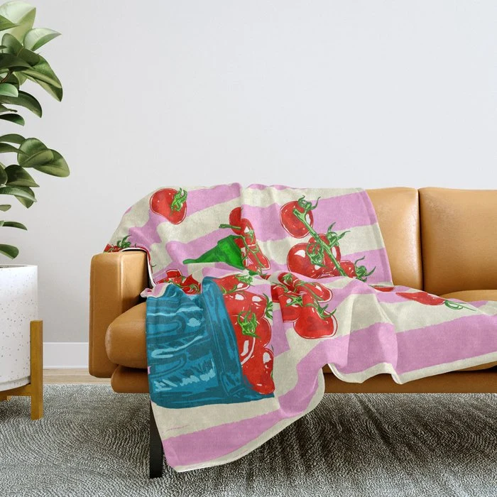 Cherry Tomatoes Euro Summer Aesthetic Stripes Illustration Throw Blanket
