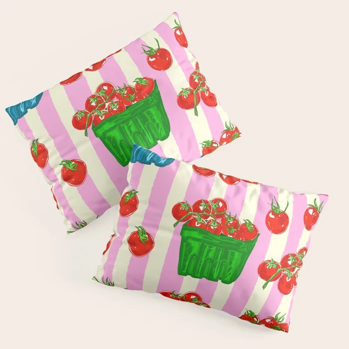 Cherry Tomatoes Euro Summer Aesthetic Stripes Illustration Pillow Sham