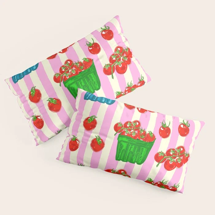 Cherry Tomatoes Euro Summer Aesthetic Stripes Illustration Pillow Sham
