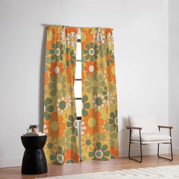 Retro 70s Floral Pattern in Mossy Sage Olive Green Orange Mustard Window Curtain