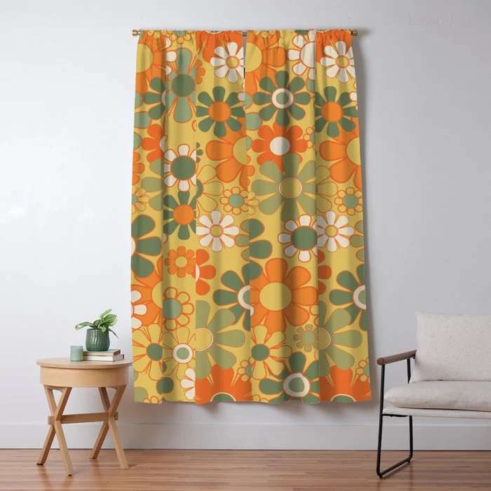 Retro 70s Floral Pattern in Mossy Sage Olive Green Orange Mustard Window Curtain