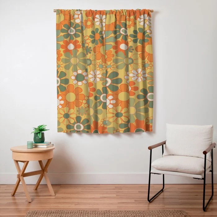 Retro 70s Floral Pattern in Mossy Sage Olive Green Orange Mustard Window Curtain