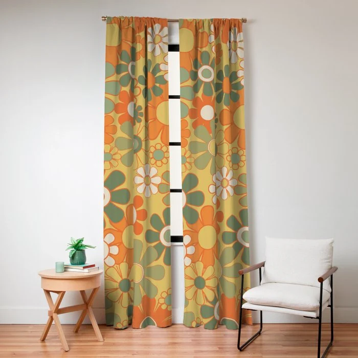 Retro 70s Floral Pattern in Mossy Sage Olive Green Orange Mustard Window Curtain