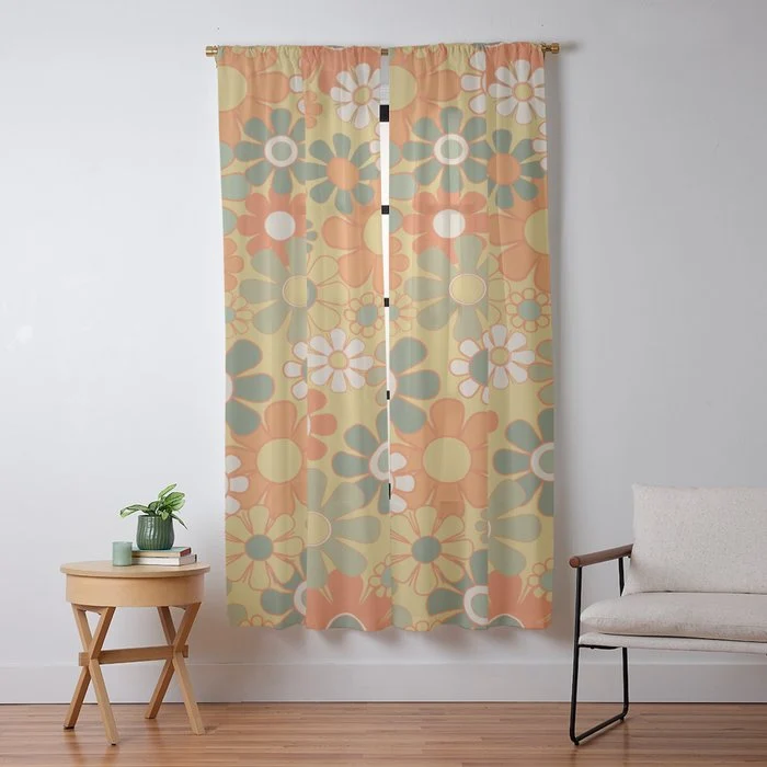 Retro 70s Floral Pattern in Mossy Sage Olive Green Orange Mustard Window Curtain