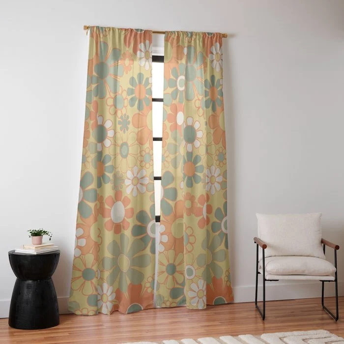 Retro 70s Floral Pattern in Mossy Sage Olive Green Orange Mustard Window Curtain