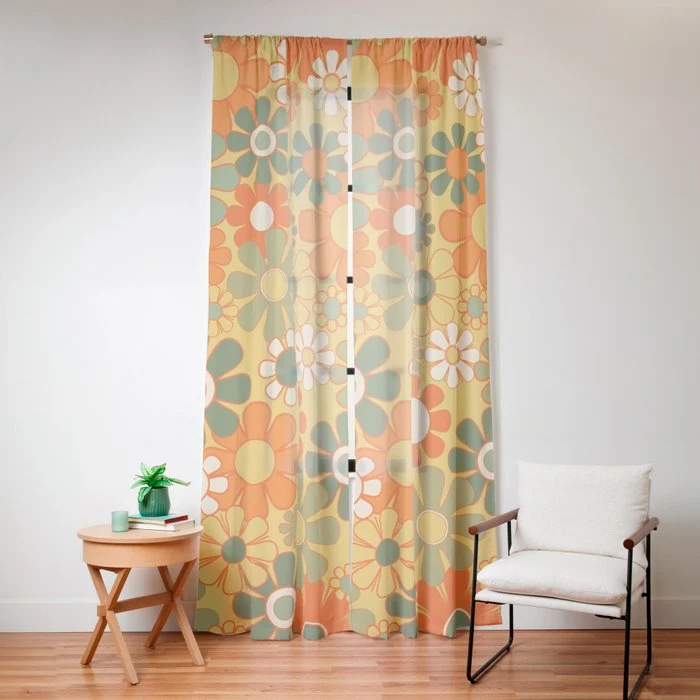 Retro 70s Floral Pattern in Mossy Sage Olive Green Orange Mustard Window Curtain