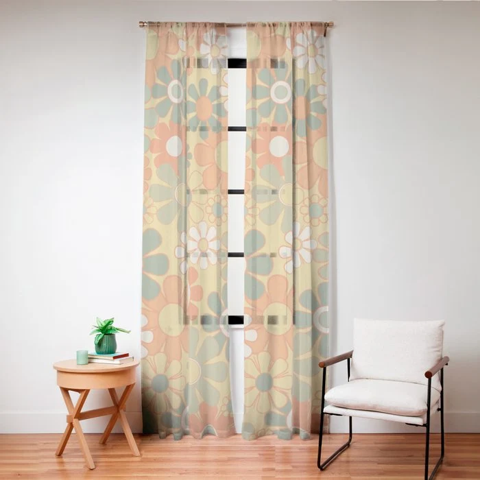 Retro 70s Floral Pattern in Mossy Sage Olive Green Orange Mustard Window Curtain