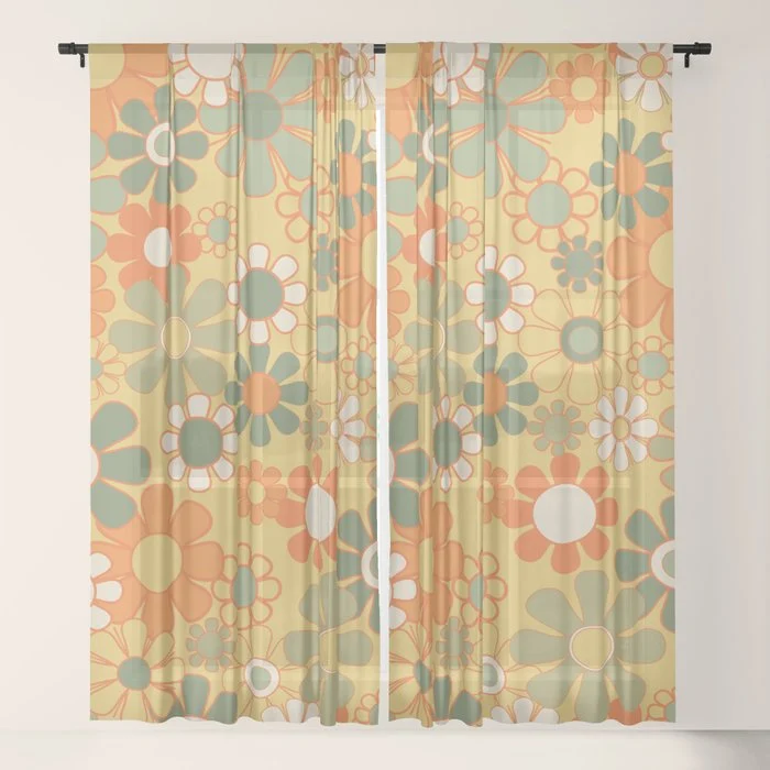 Retro 70s Floral Pattern in Mossy Sage Olive Green Orange Mustard Window Curtain
