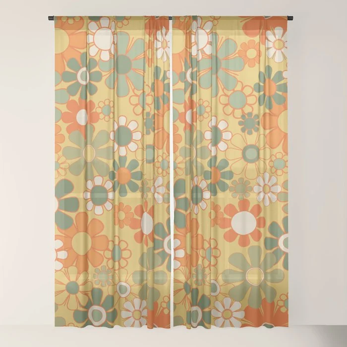 Retro 70s Floral Pattern in Mossy Sage Olive Green Orange Mustard Window Curtain