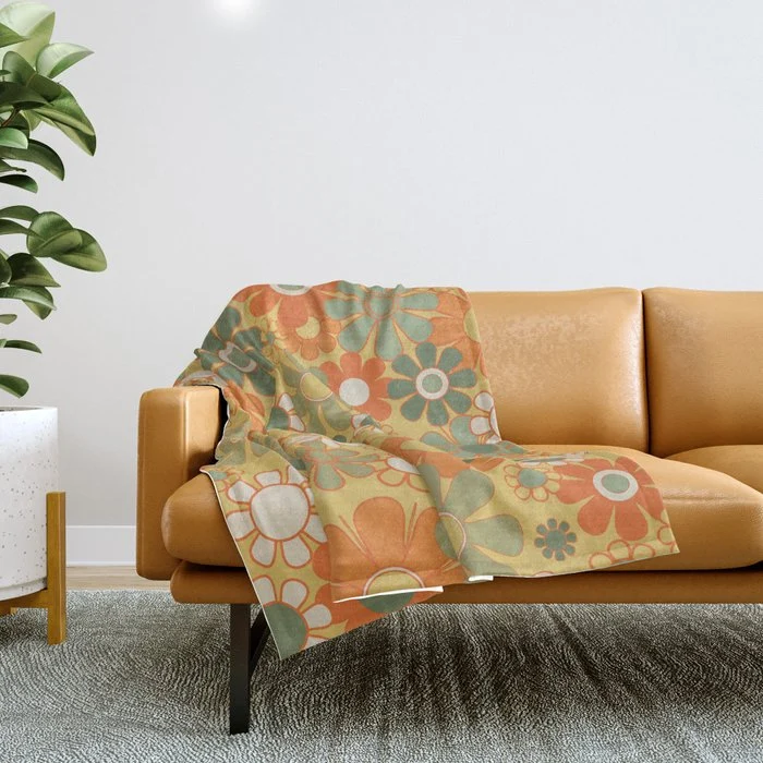 Retro 70s Floral Pattern in Mossy Sage Olive Green Orange Mustard Throw Blanket