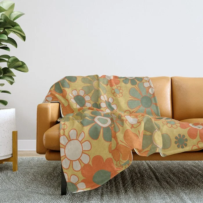 Retro 70s Floral Pattern in Mossy Sage Olive Green Orange Mustard Throw Blanket