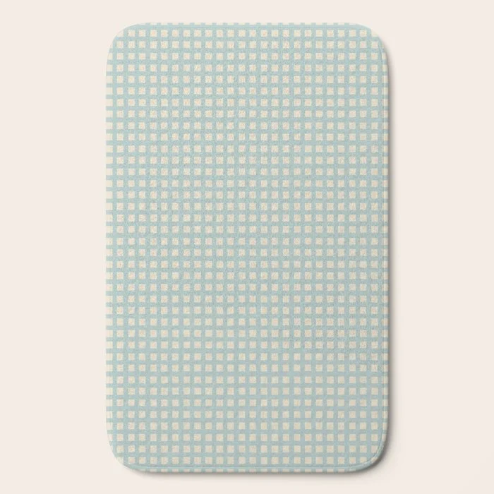Blue geometric gingham grid art pattern Bath Mat