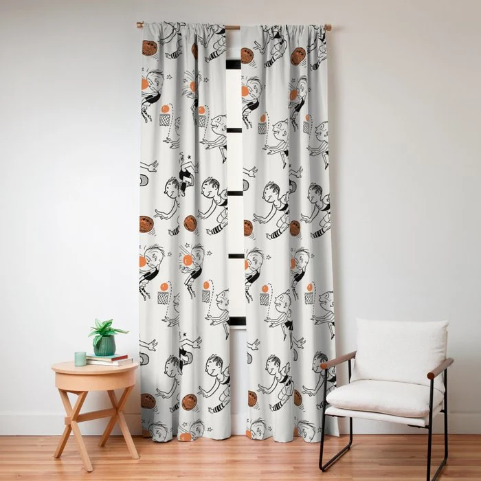 Basketball Fun Comic Illustration Pattern with Balls on Grey Background Window Curtain