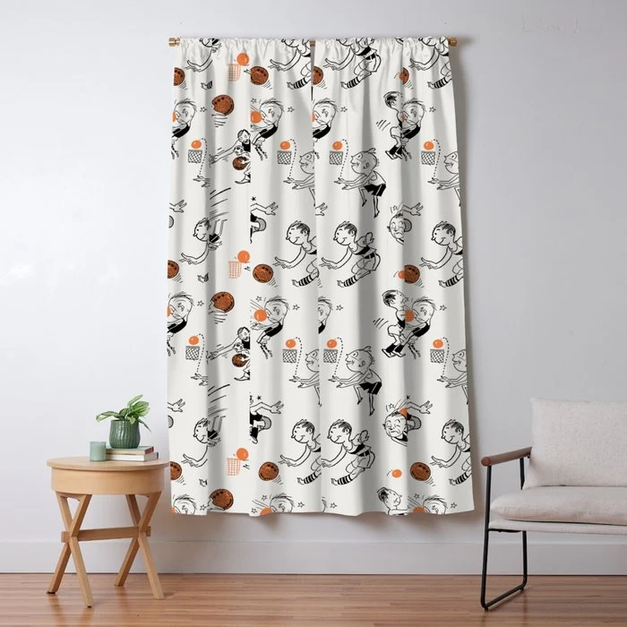 Basketball Fun Comic Illustration Pattern with Balls on Grey Background Window Curtain